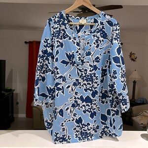 St John’s Bay Cotton Linen Blend Blue Floral 3/4 Length Sleeve Tunic Top Size 1X